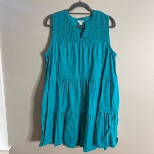 Crown & Ivy Size XL Teal Linen Blend Smocked Tiered Mini Dress Tent Swing